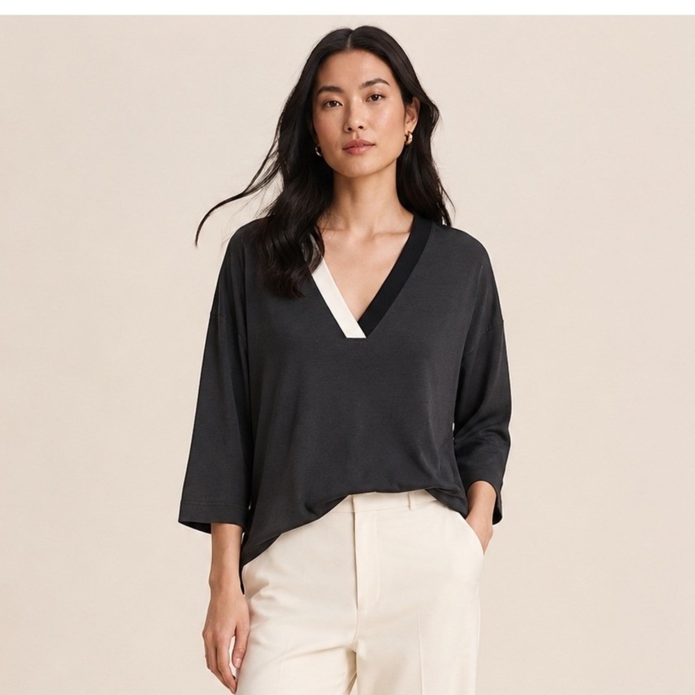 Banana Republic Womens Tunic Top M Black White Colorblock V-Neck Minimalist‎